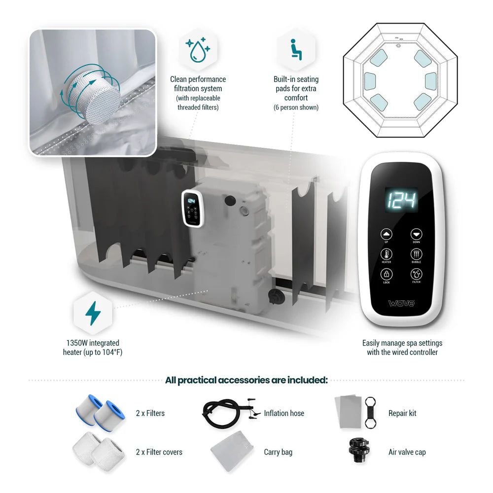 Wave Aegean Inflatable Hot Tub 6-Person Octagonal with Integrated Heater New
