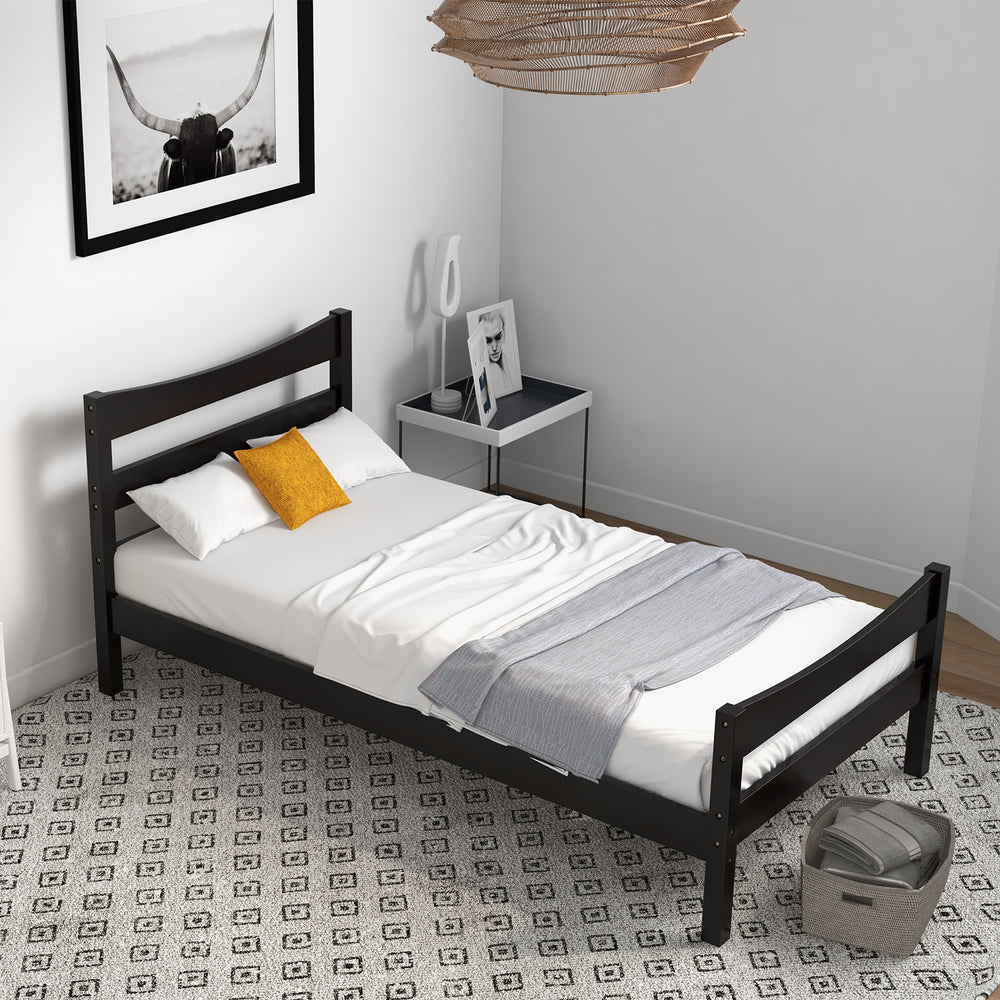 Twin size rustic style platform bed frame in dark brown with headboard and footboard, perfect for teens and adults.