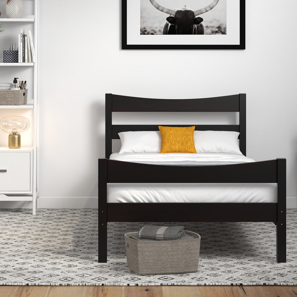 Twin size rustic platform bed frame in dark brown with a minimalist design, featuring sturdy pine wood and a cozy.