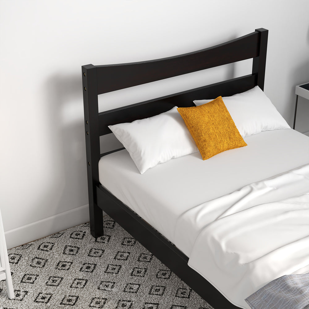 Twin size rustic platform bed frame in dark brown with headboard, featuring sturdy pine wood and a stylish design.
