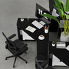 Triangle corner computer desk in black with storage shelf, designed for space-saving and organized workspace.