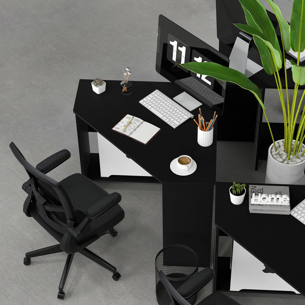 Triangle corner computer desk in black with storage shelf, designed for space-saving and organized workspace.