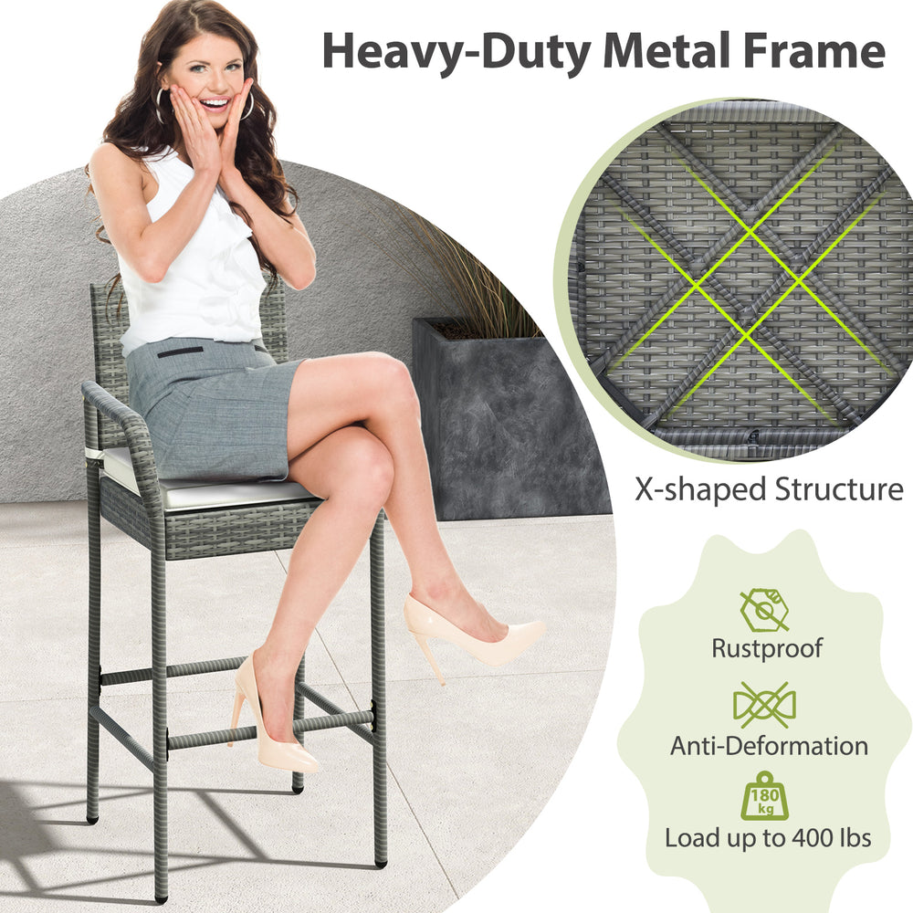 All-weather PE rattan bar chair with armrests, 30" seat height, and comfortable cushion for backyard and porch use.