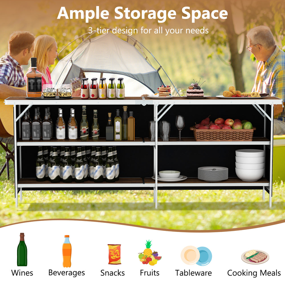 Aluminum portable picnic table with 2-tier open shelves, spacious tabletop, ideal for camping and outdoor gatherings.