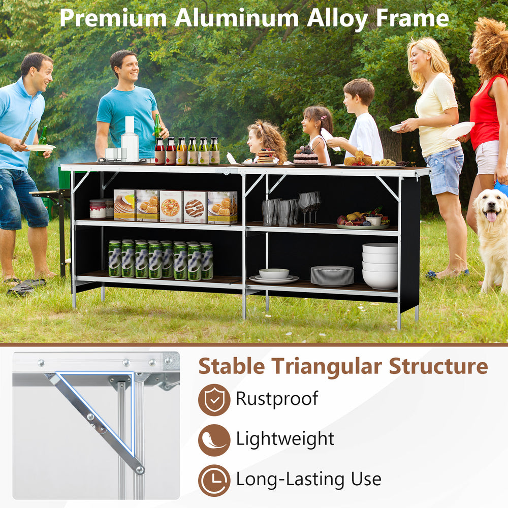 Aluminum portable picnic table with 2-tier shelves, 81" tabletop, and stable triangular structure for outdoor use.