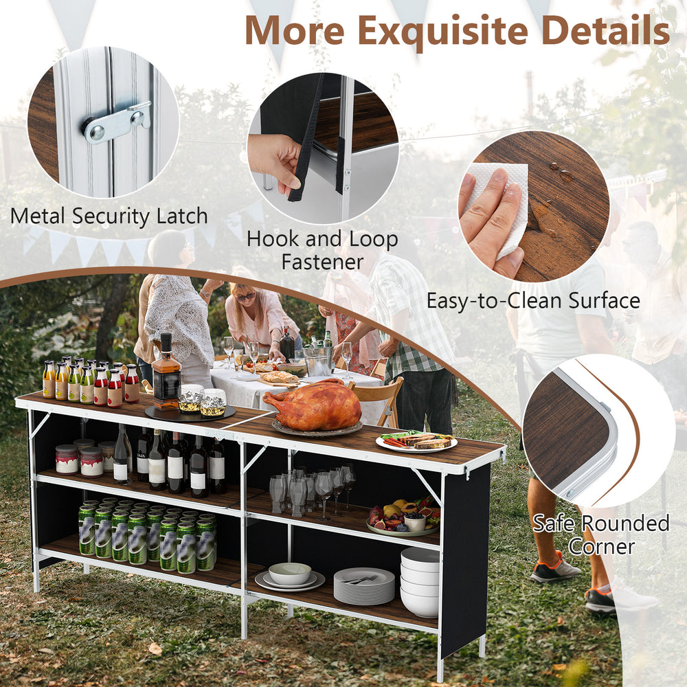 Aluminum portable picnic table with 2-tier shelves, spacious tabletop, and easy-to-clean surface for outdoor gatherings.