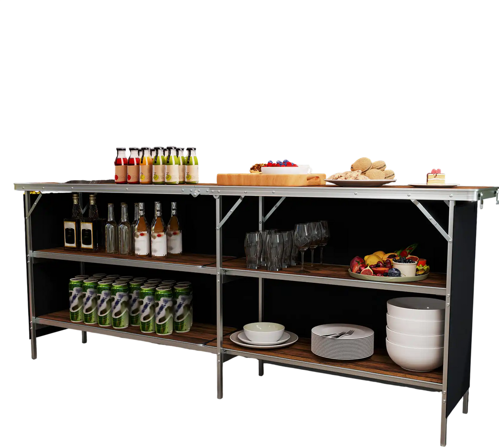 Aluminum portable picnic table with 2-tier open shelves, spacious tabletop, ideal for outdoor gatherings and easy.
