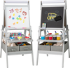 Double-sided 3-in-1 art easel for kids with chalkboard and whiteboard, featuring ample storage for art supplies.