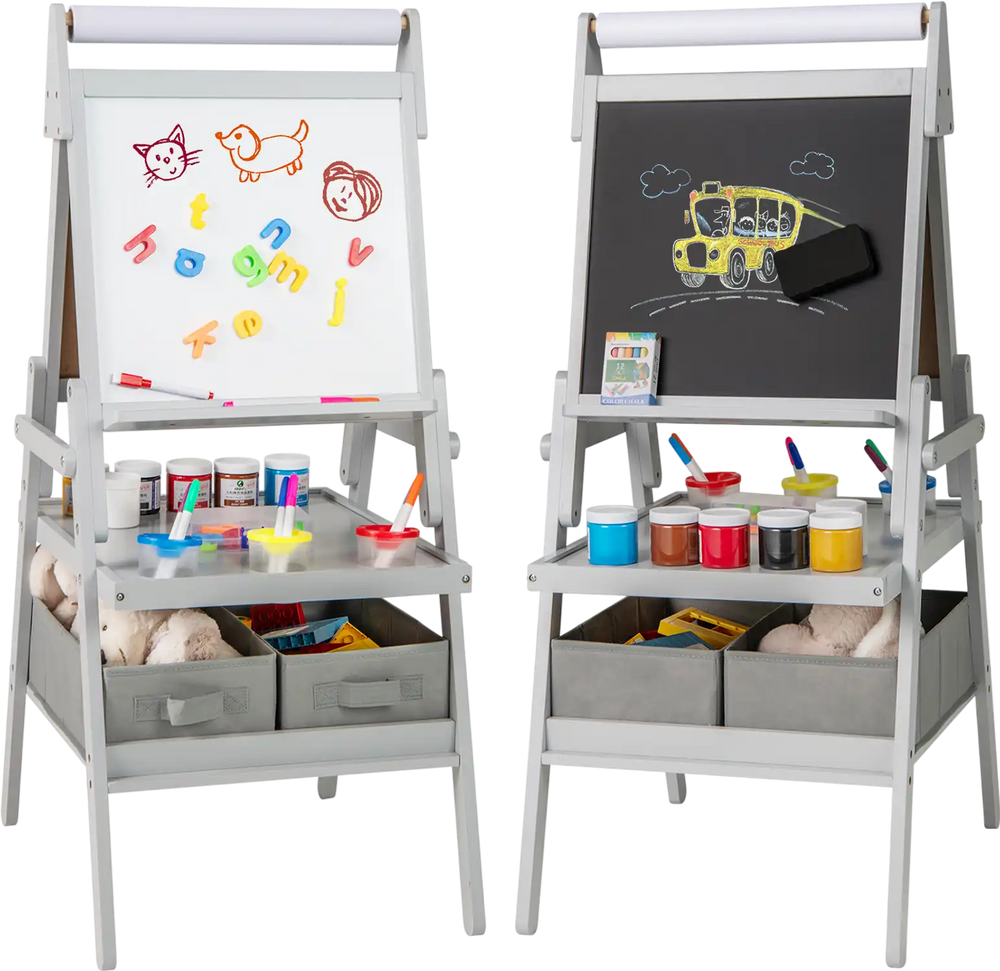 Double-sided 3-in-1 art easel for kids with chalkboard and whiteboard, featuring ample storage for art supplies.