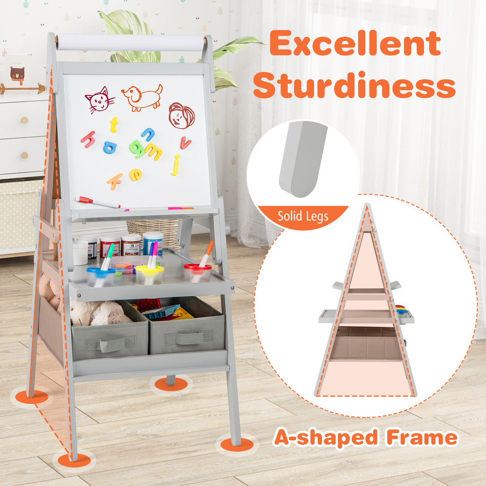 3-in-1 art easel for kids featuring a magnetic chalkboard and whiteboard, with ample storage and sturdy A-shaped frame.