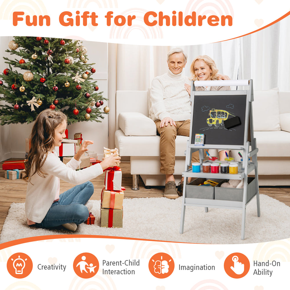 3-in-1 art easel for kids featuring a gray magnetic chalkboard and whiteboard, perfect for creativity and imagination.