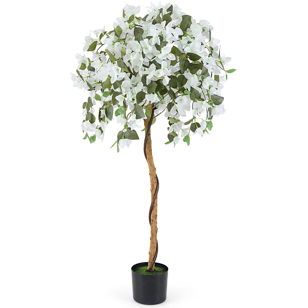 4.5 feet artificial azalea tree with white flowers and real wood trunk in a cement pot, perfect for indoor decoration.