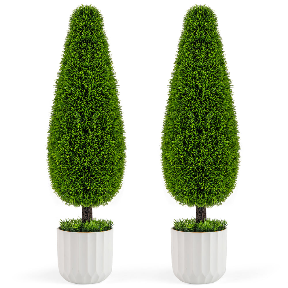 Teardrop-shaped 3-foot artificial cedar bushes in elegant white pots, perfect for home or office decor.