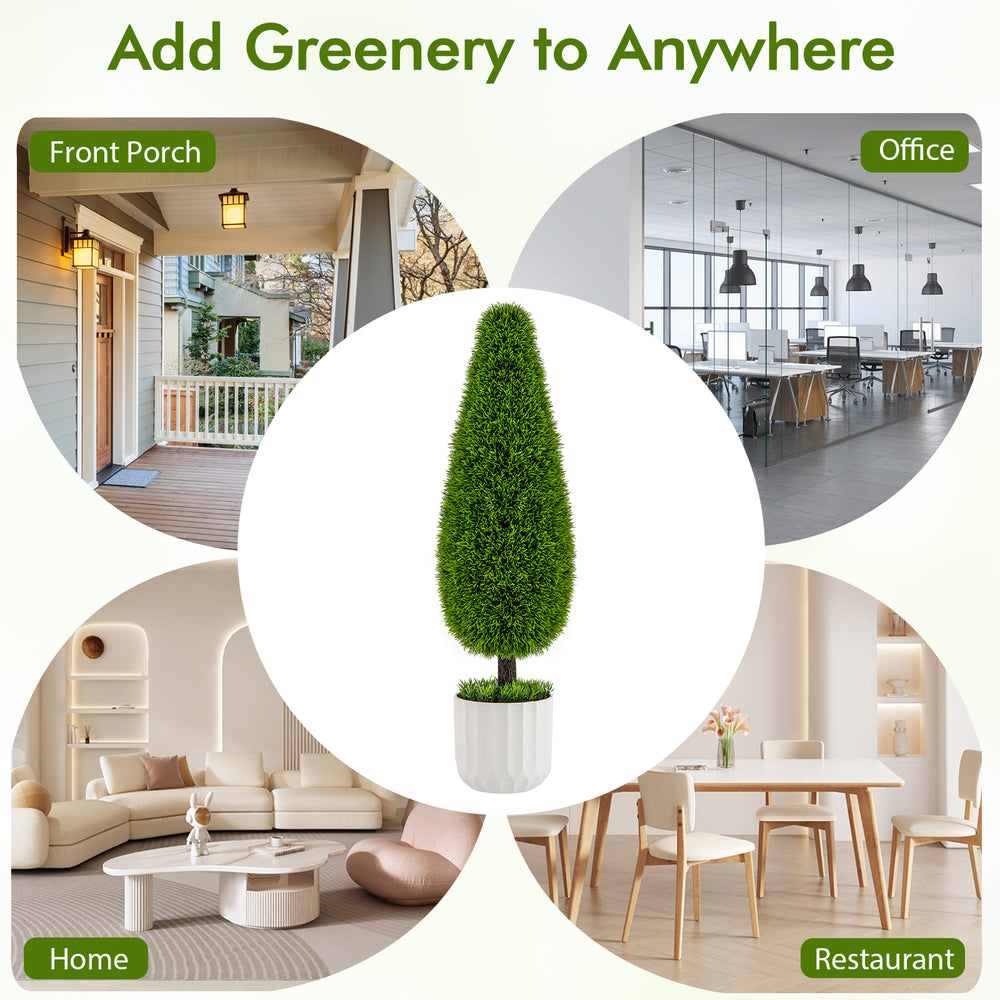 Teardrop-shaped artificial cedar bush in a stylish pot, perfect for home, office, or restaurant decor.