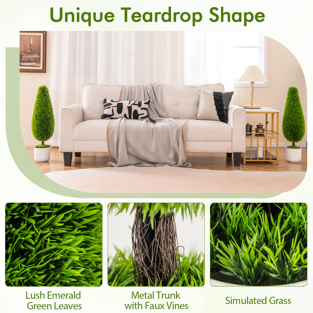 Teardrop-shaped artificial cedar bush with lush green leaves and a metal trunk, perfect for home or office decor.