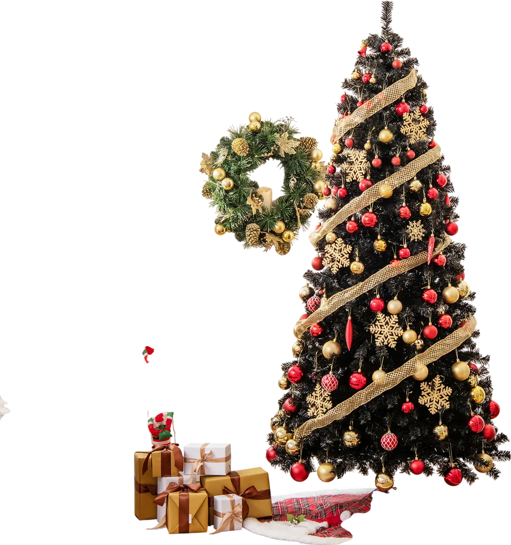 7 ft artificial Christmas tree with bendable top, black leaves, and 340 pre-strung LED lights for festive holiday decor.