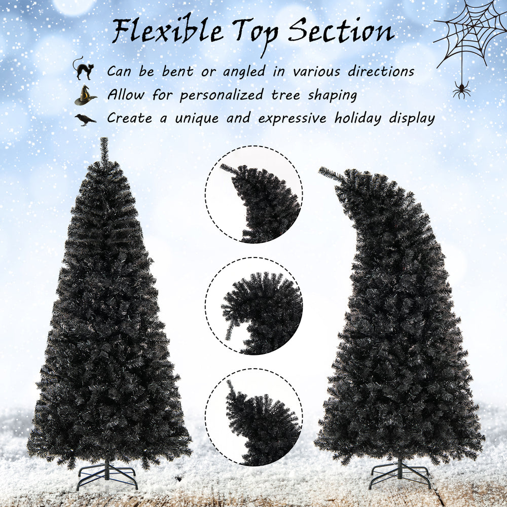 7 ft artificial Christmas tree with bendable top section, black leaves, and pre-strung LED lights for a unique holiday.