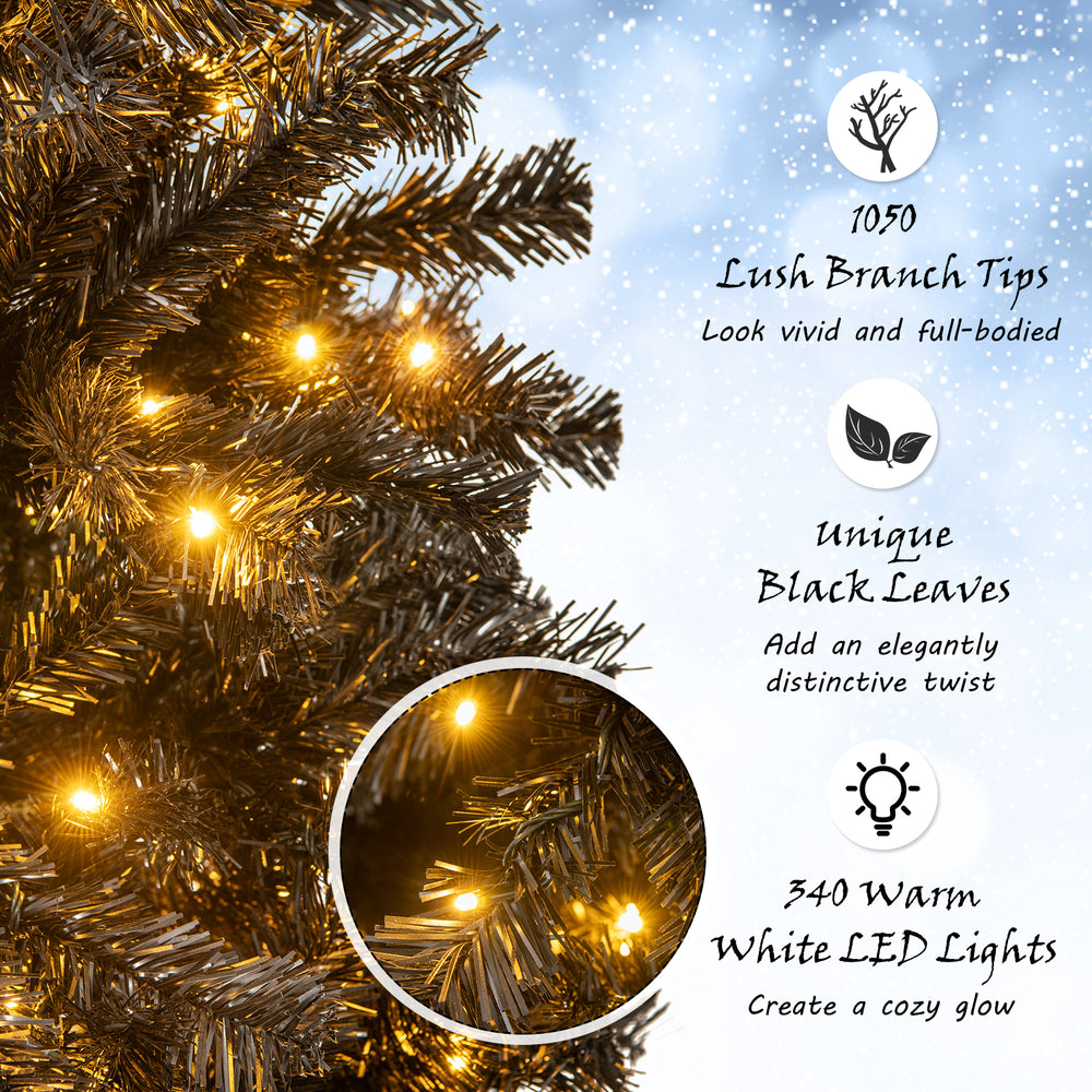 Close-up of the 7 ft artificial Christmas tree with black leaves and warm LED lights, creating a cozy holiday ambiance.