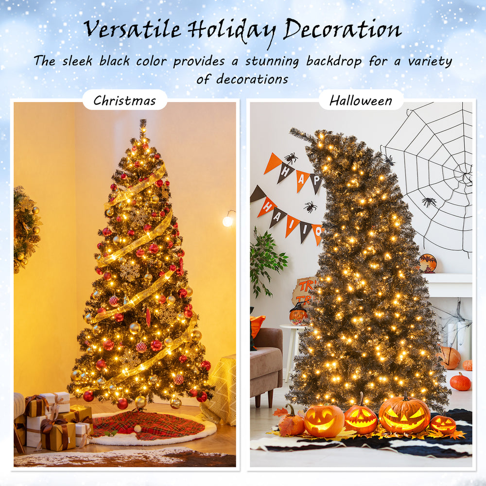 7 ft artificial Christmas tree with bendable top, black leaves, and warm LED lights, perfect for versatile holiday.