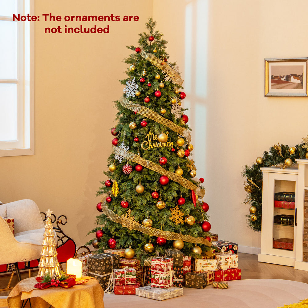 Green artificial Christmas tree with 721 branch tips, featuring a hinged design for easy setup, ideal for holiday decor.