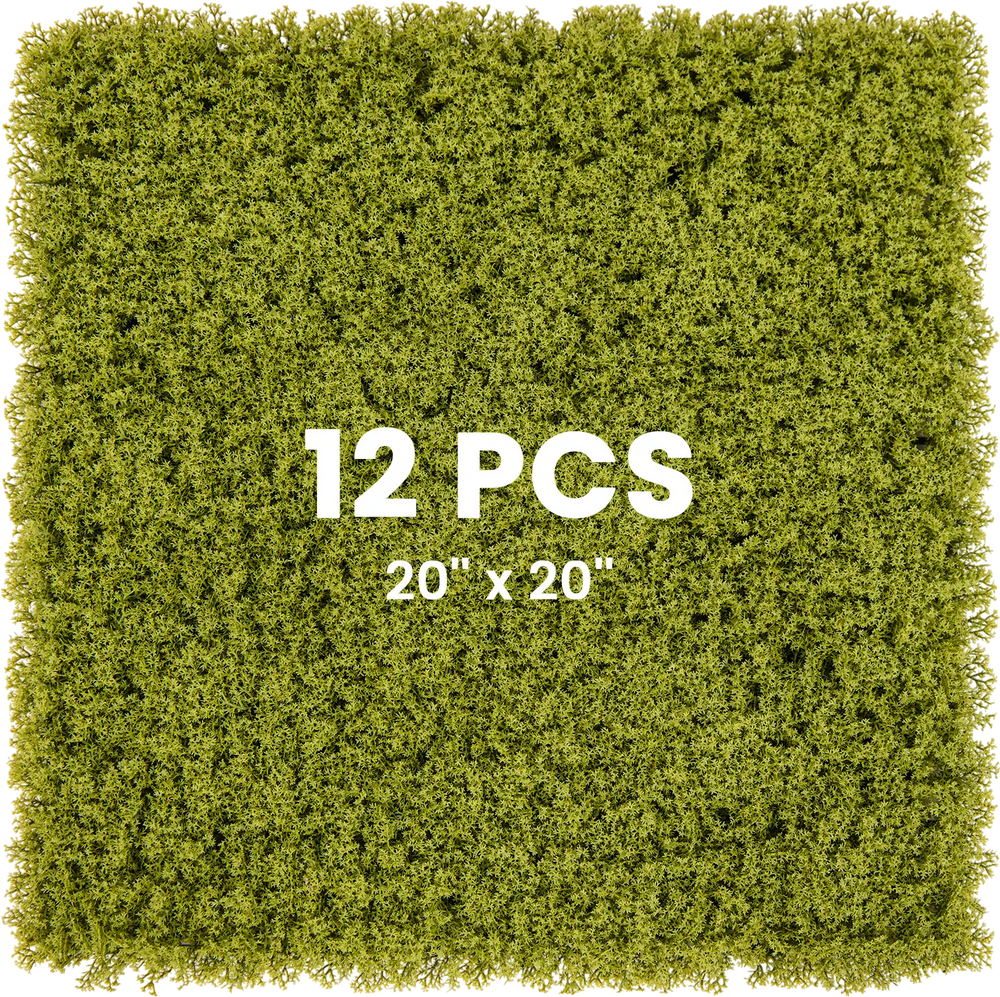 Light green artificial grass wall panel, 20 x 20 inches, 12 pieces, ideal for garden and balcony decoration.