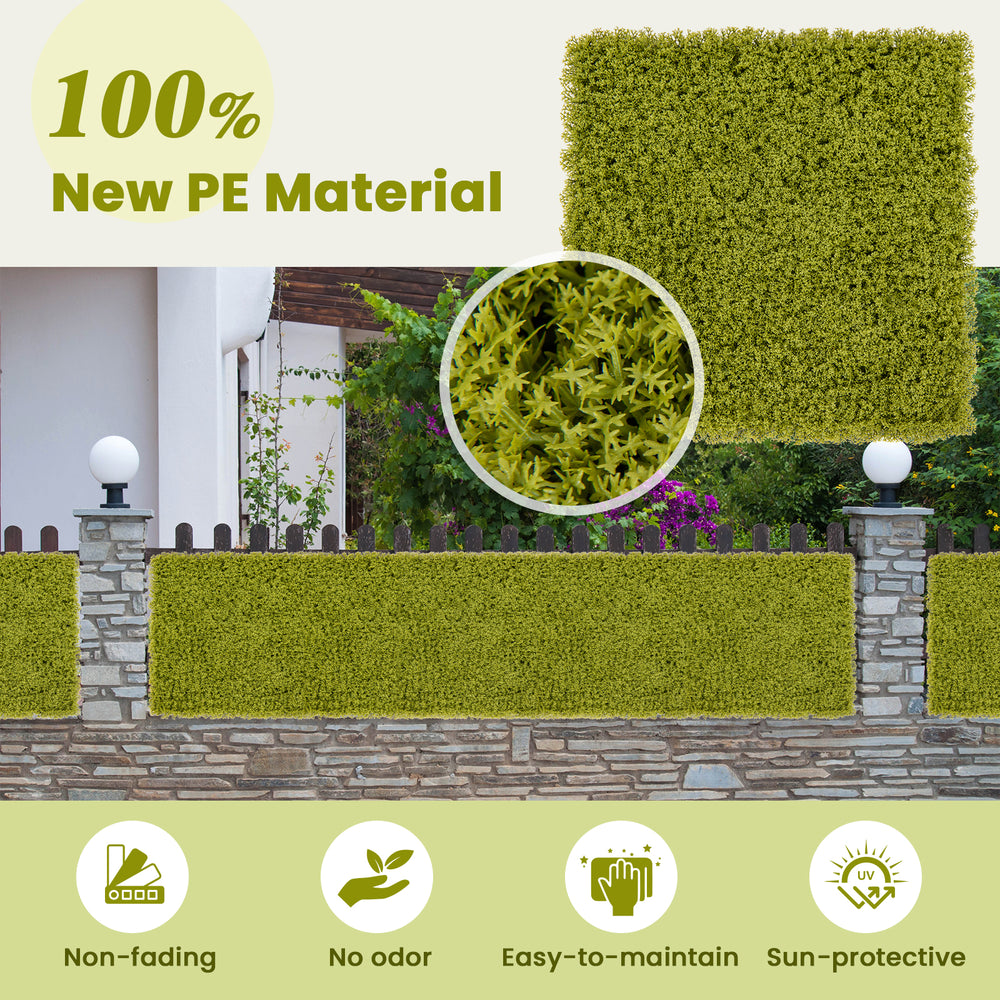 Light green artificial grass wall panel set, made of 100% PE material, sun-protective and easy to maintain for outdoor.