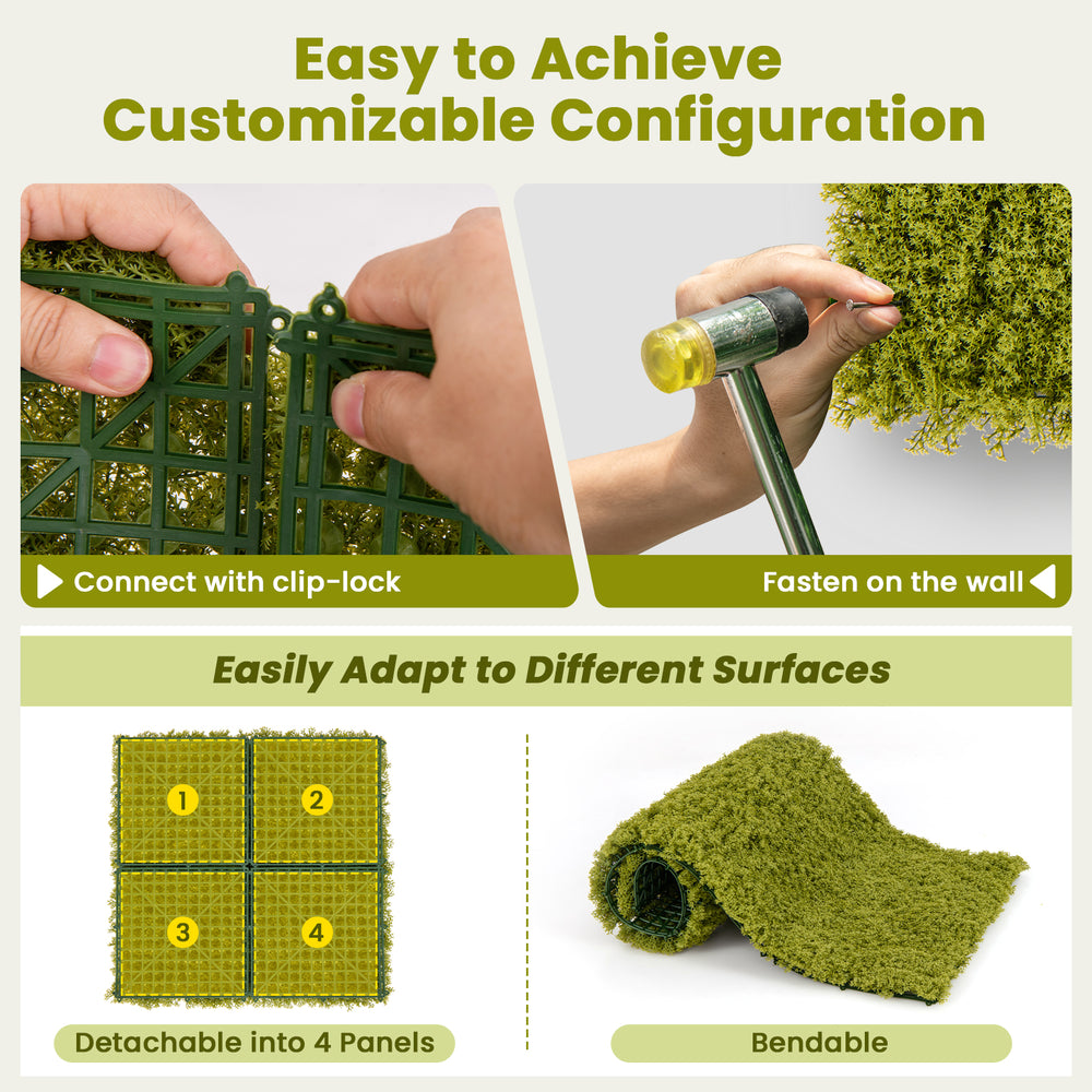 Light green artificial grass wall panels, 20x20 inches, customizable with clip-lock for indoor and outdoor use.