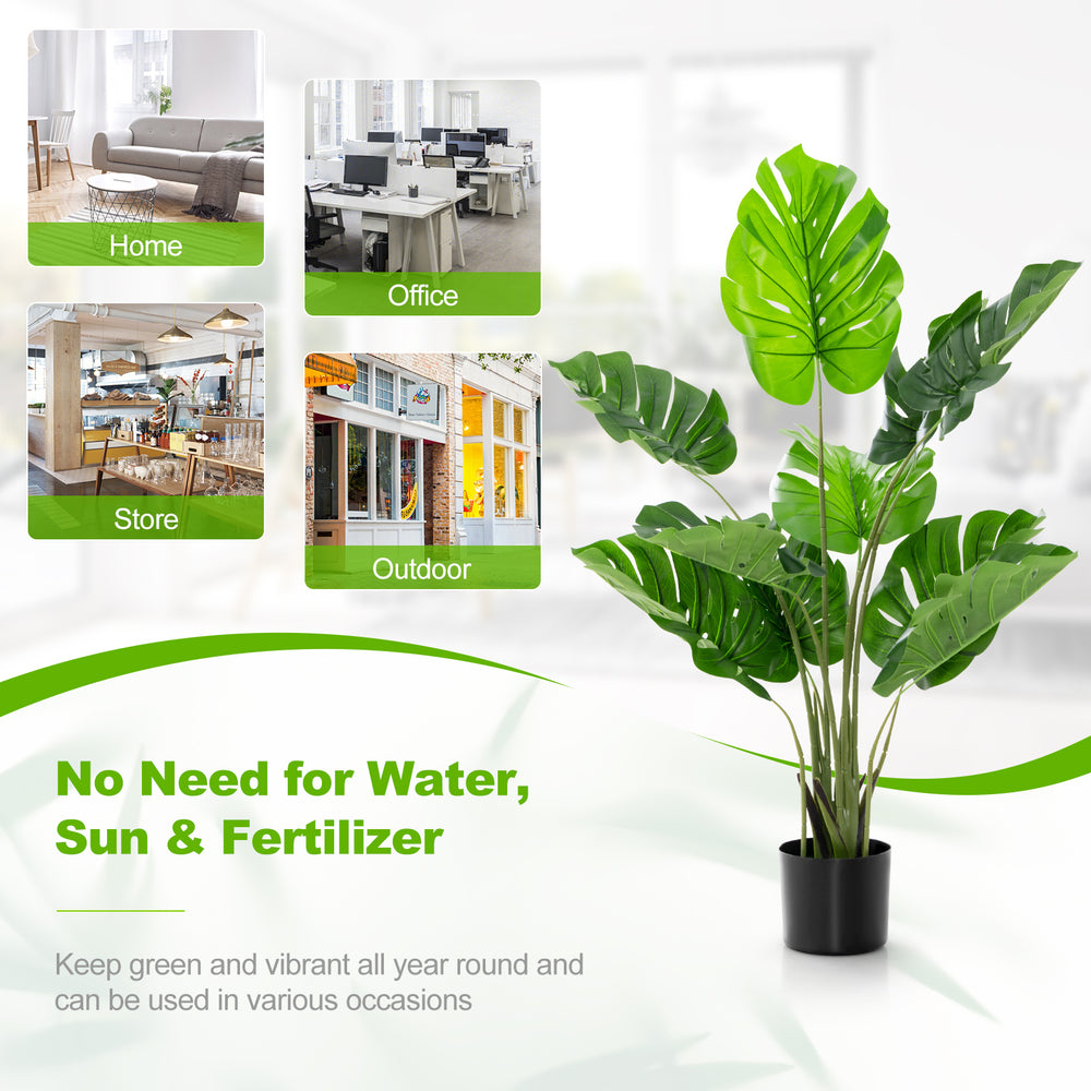 4 feet artificial Monstera Deliciosa tree featuring 10 uniquely sized leaves, stable in a solid pot for versatile decor.