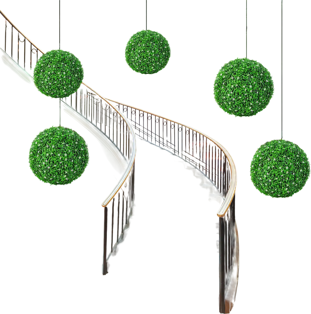Two 19.5-inch faux boxwood topiary balls made of UV-proof PE material, enhancing indoor and outdoor spaces.
