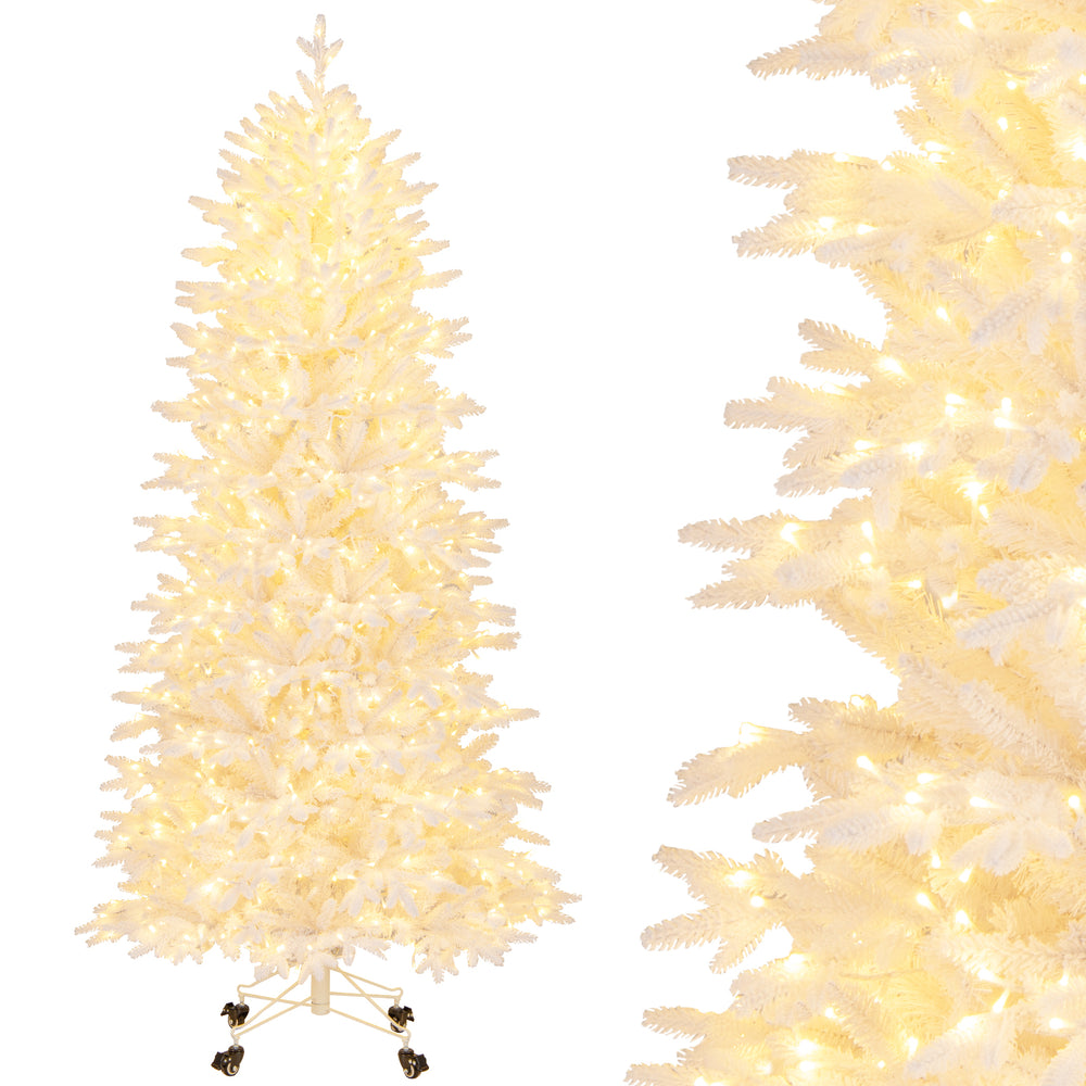 7 FT artificial Xmas tree with 1880 flocked branch tips and warm lights, perfect for holiday decor and festive.