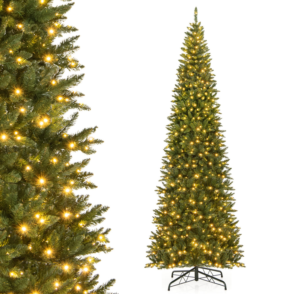 12 FT artificial Christmas tree with 800 warm white LED lights, featuring lush branch tips and a sturdy metal base.