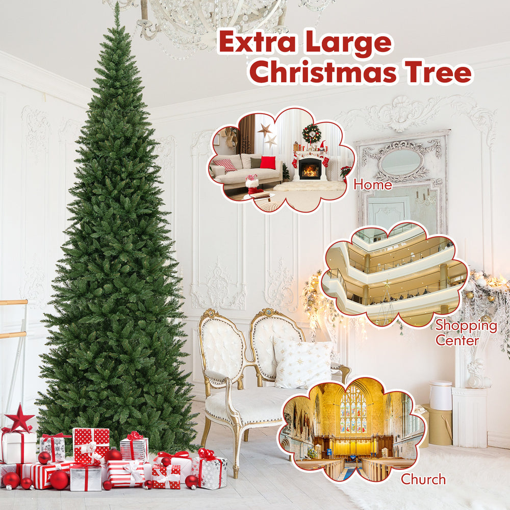 Extra large 12 FT artificial Christmas tree with 800 warm white LED lights, ideal for home, shopping center, or church.
