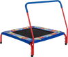 Kids 36" square trampoline in blue with foamed handrail, designed for indoor and outdoor fun and safety.
