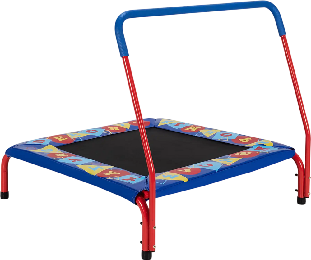 Kids 36" square trampoline in blue with foamed handrail, designed for indoor and outdoor fun and safety.