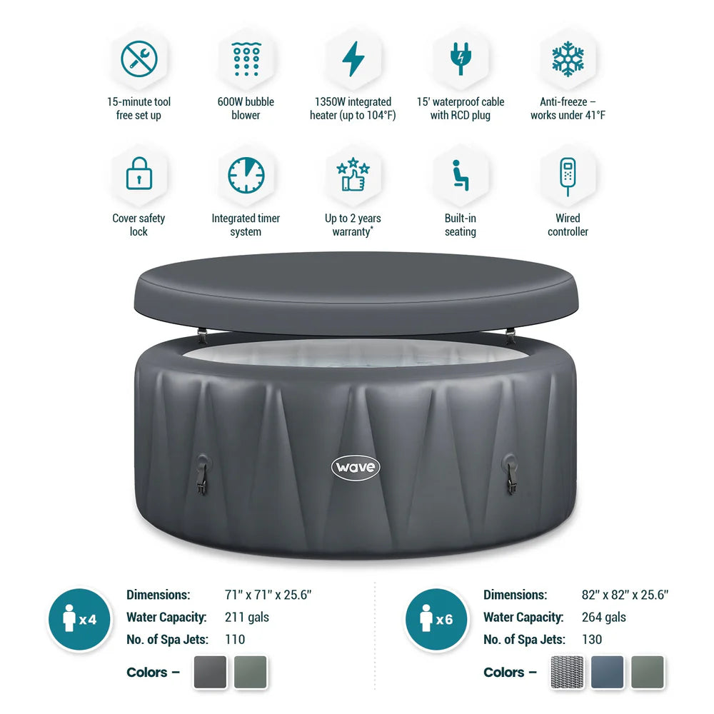 Wave Atlantic Inflatable Hot Tub 4-Person Round with Integrated Heater New