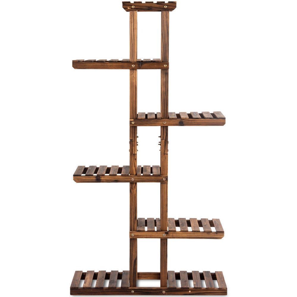 6-tier wooden plant rack with a hollow-out design, ideal for displaying flowers and potted plants indoors or outdoors.