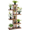 6-tier wooden plant rack stand showcasing various potted plants, ideal for indoor or outdoor use in gardens or patios.