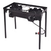 Double burner outdoor stove with 150,000 BTU, adjustable legs, and heavy-duty cast iron for camping and tailgating.