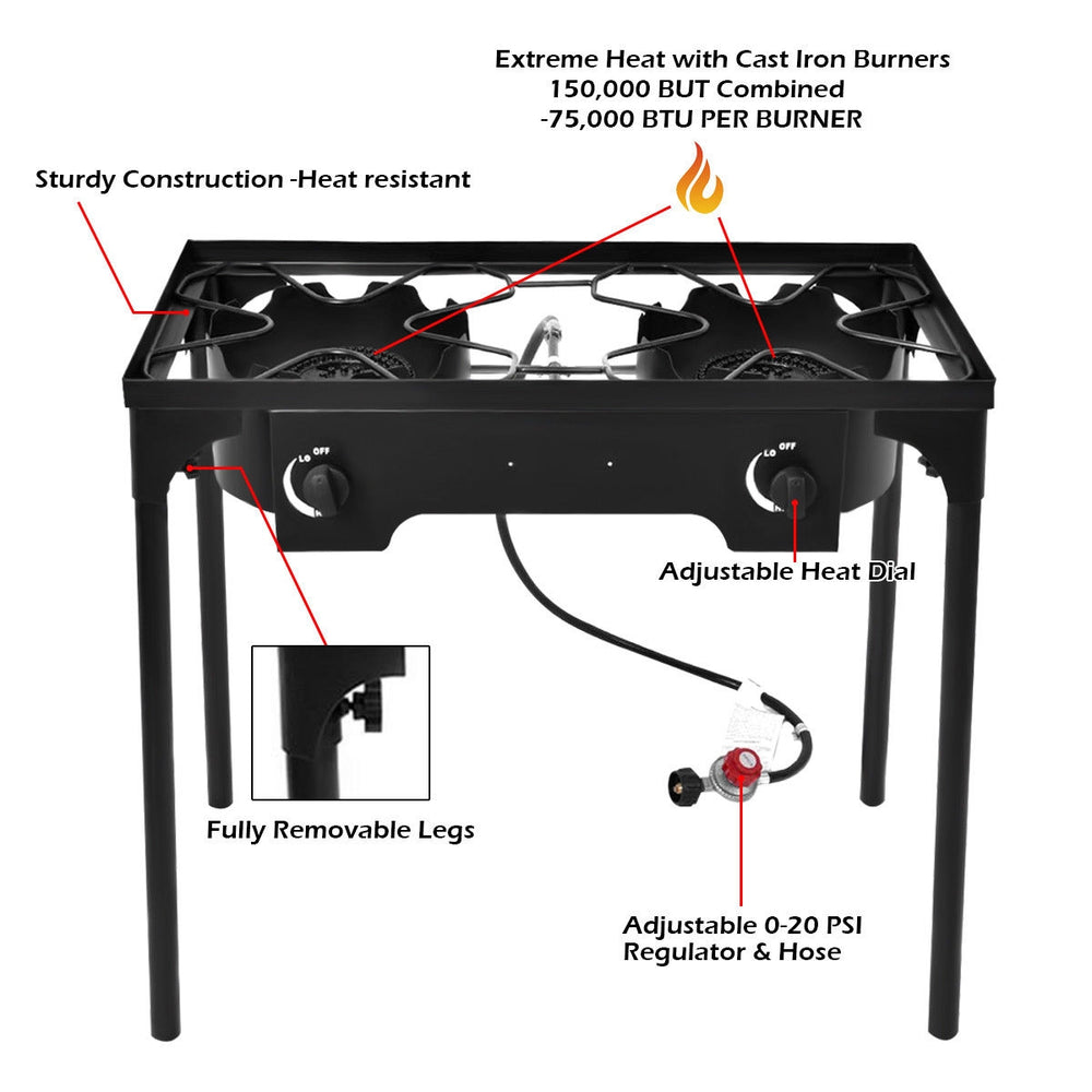 Double burner outdoor stove with heavy-duty cast iron, 150,000 BTU, adjustable heat dial, ideal for camping and.