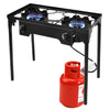 Double burner outdoor stove with adjustable legs, 150,000 BTU cooking power, ideal for camping and tailgating.
