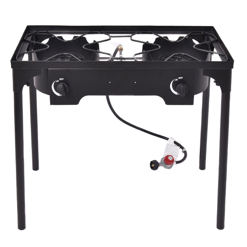 Front view of the 150,000 BTU double burner outdoor stove showcasing its rugged design and cooking surface for outdoor.