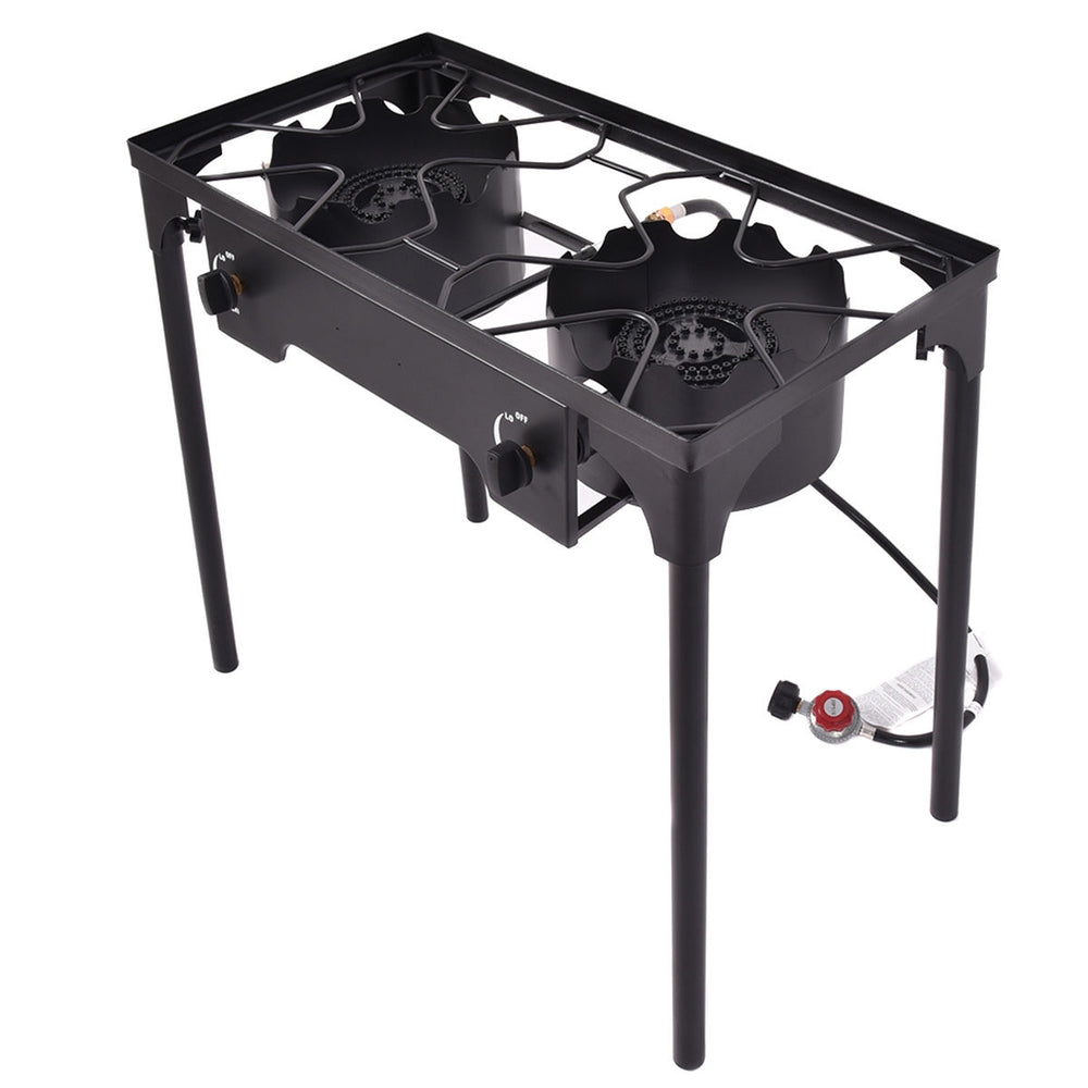Side view of the 150,000 BTU double burner outdoor stove showcasing removable legs for easy storage and stability.