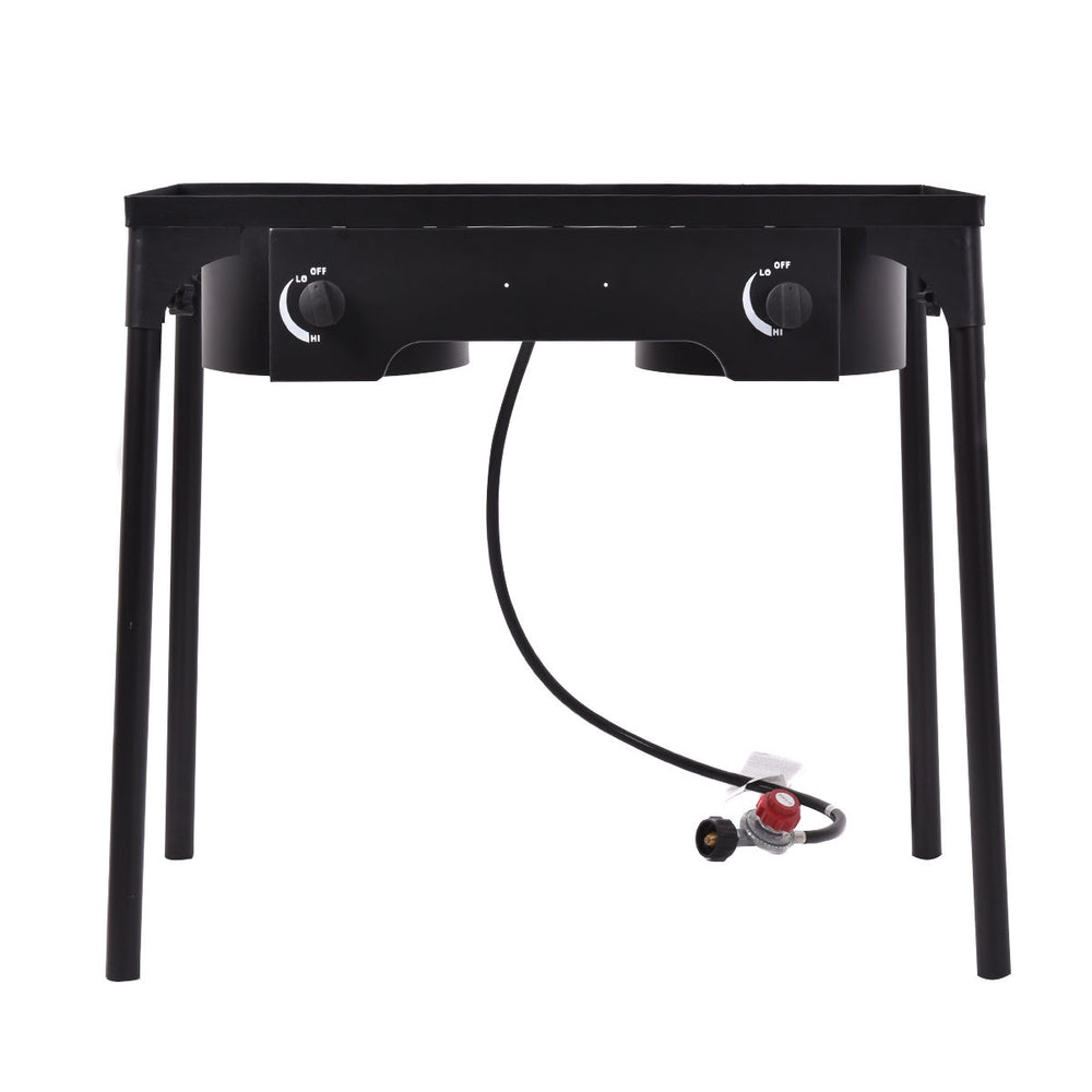 Double burner outdoor stove BBQ grill with adjustable legs, 150,000 BTU cooking power, ideal for camping and tailgating.
