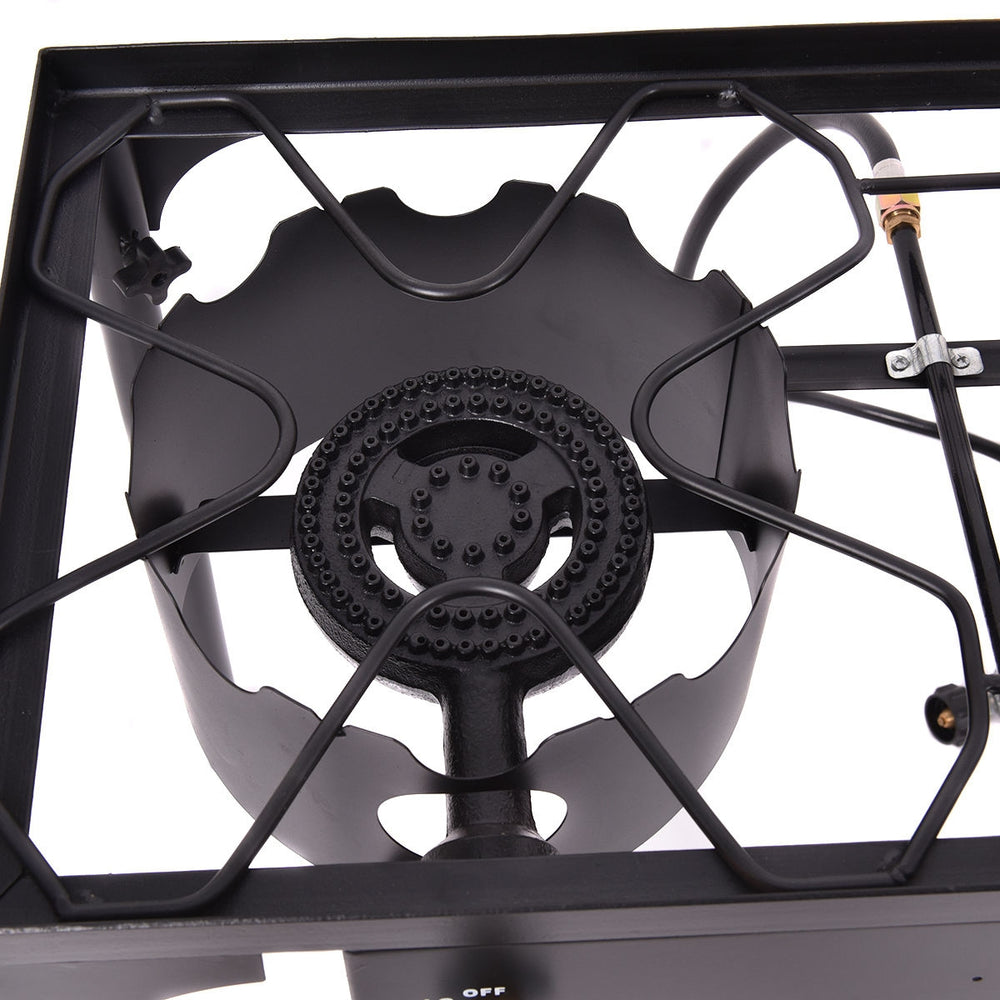 Top view of the 150,000 BTU double burner outdoor stove with heavy-duty cast iron design for camping and tailgating.