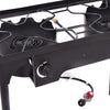 Double burner outdoor stove with adjustable heat dial, heavy-duty cast iron, ideal for camping and tailgating.