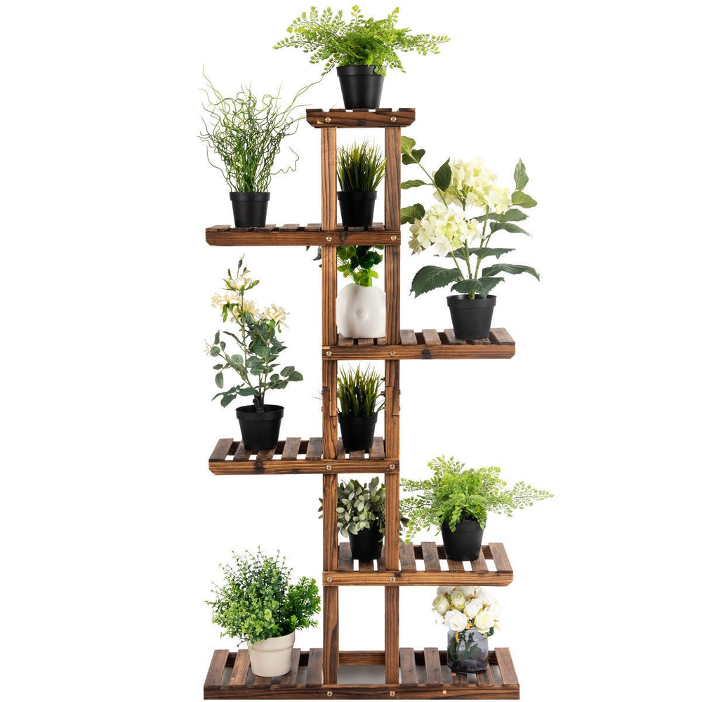 6-tier wooden plant rack stand displaying various potted plants, perfect for indoor or outdoor use.