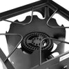 Close-up of the cast iron burner head of a 100000 BTU portable propane camp stove, designed for outdoor cooking.