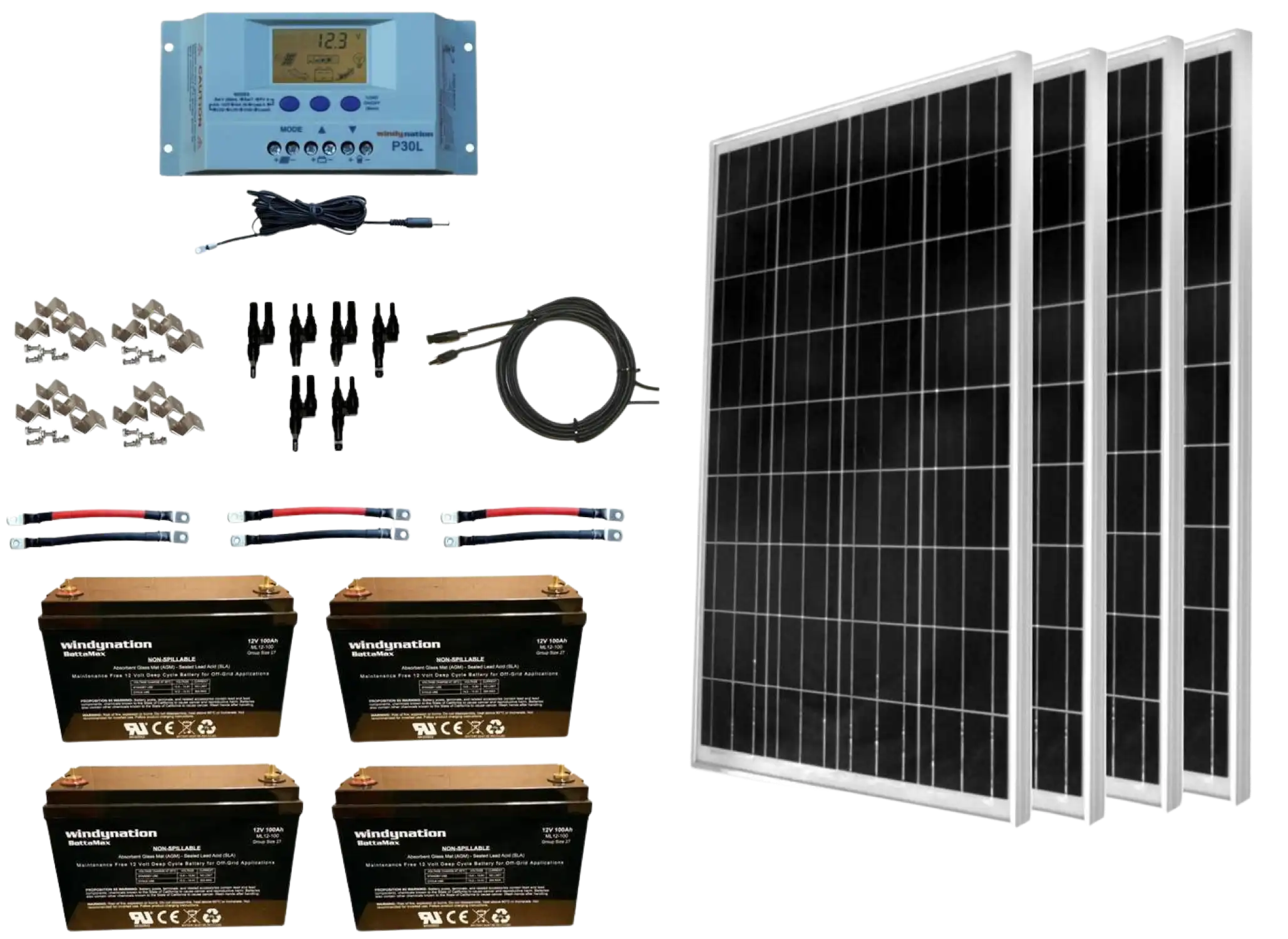 WindyNation SOK-400WP-P30L-400B 400 Watt Solar Panel Kit with 400ah AGM Battery New