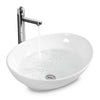 Contemporary oval ceramic vessel sink with popup drain, ideal for bathroom upgrades and aesthetic appeal.