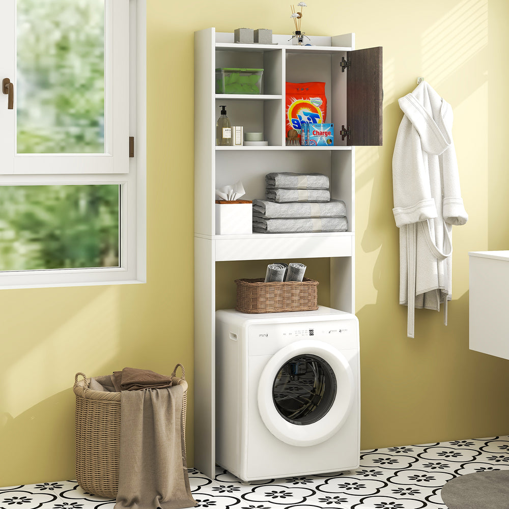 4-tier space-saving toilet storage cabinet with open shelves, made of MDF, ideal for bathroom or laundry room.